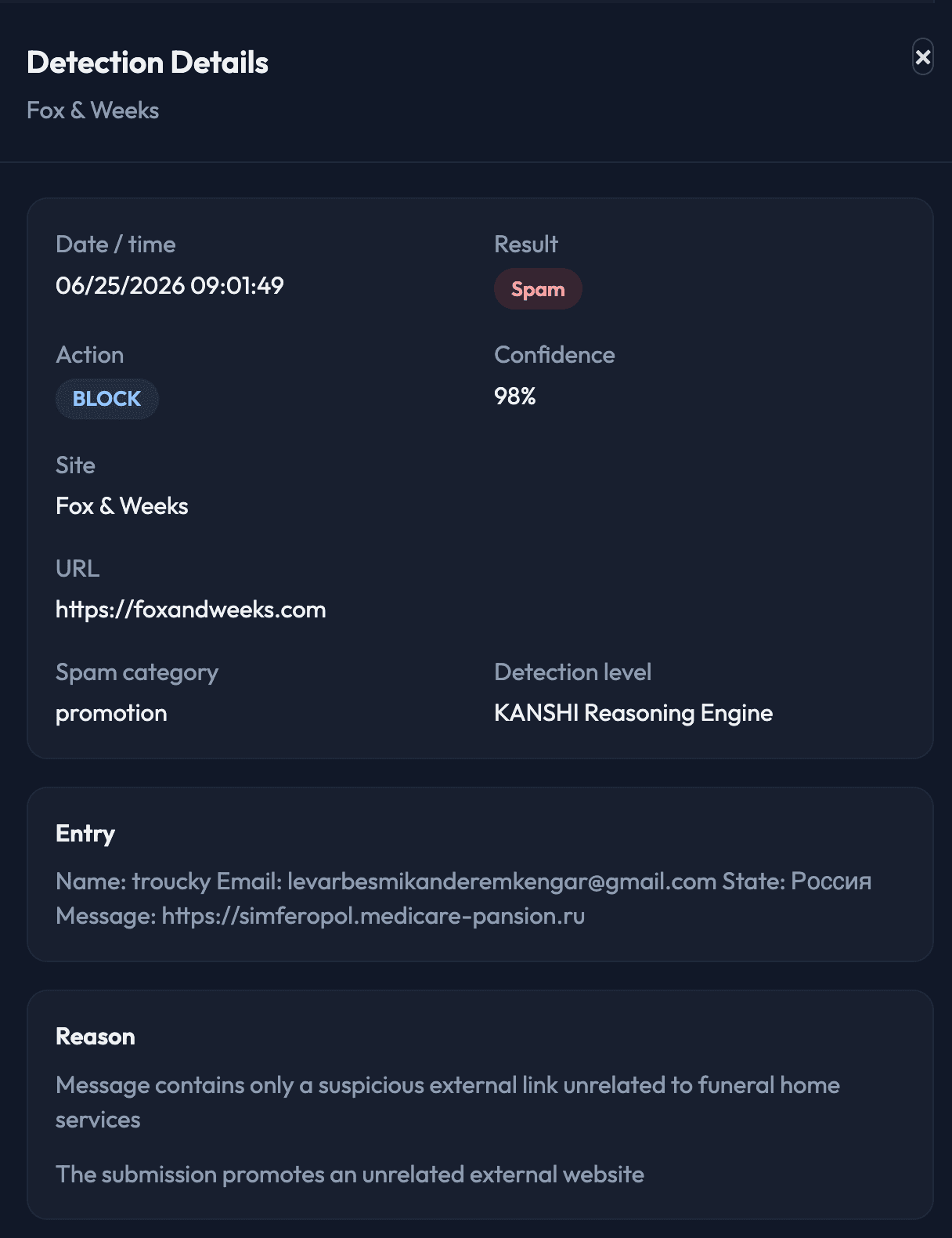 Kanshi detection details screen showing result, confidence, spam category, entry content, and explanation
