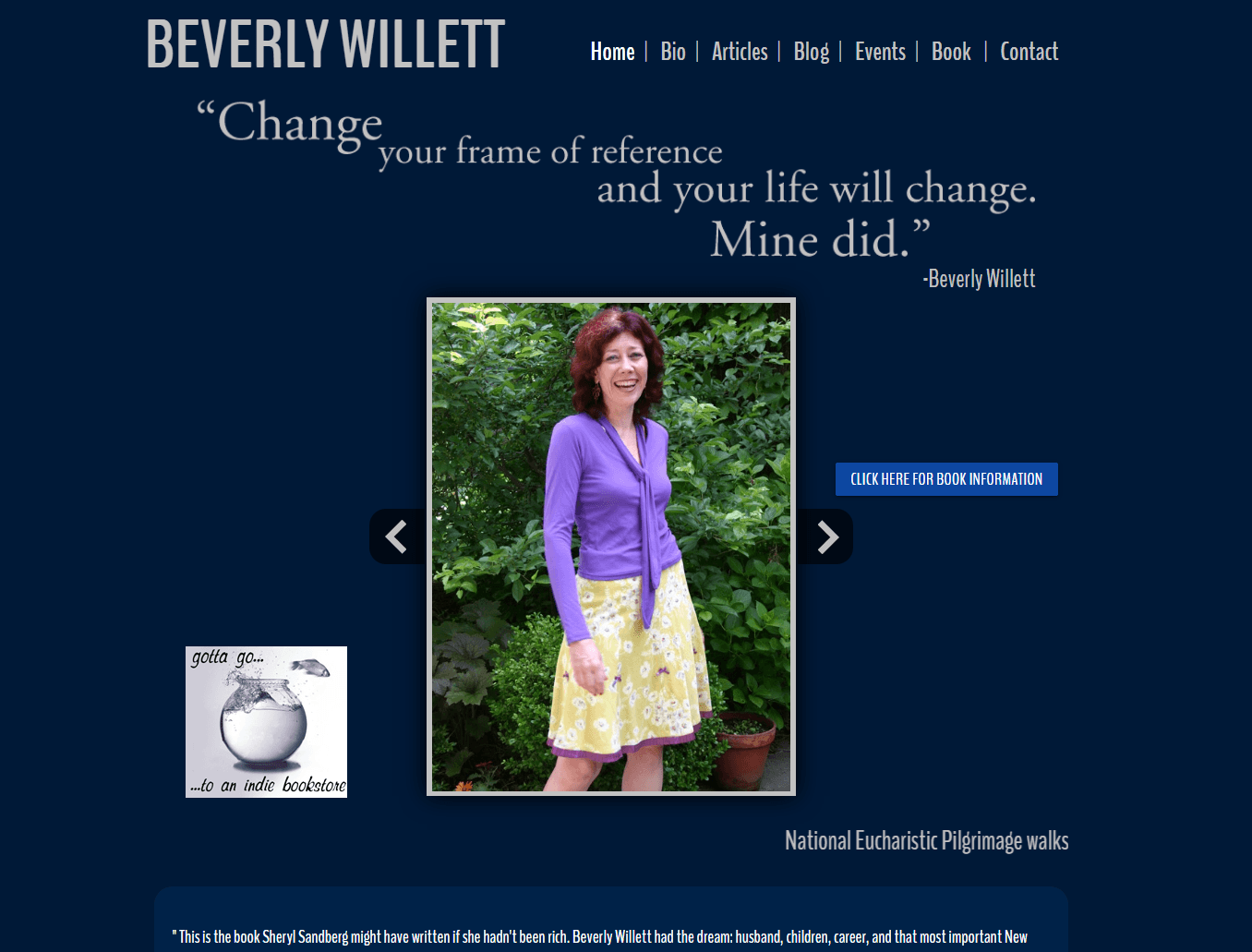 Website thumbnail for Beverly Willett showing an author homepage and featured book section