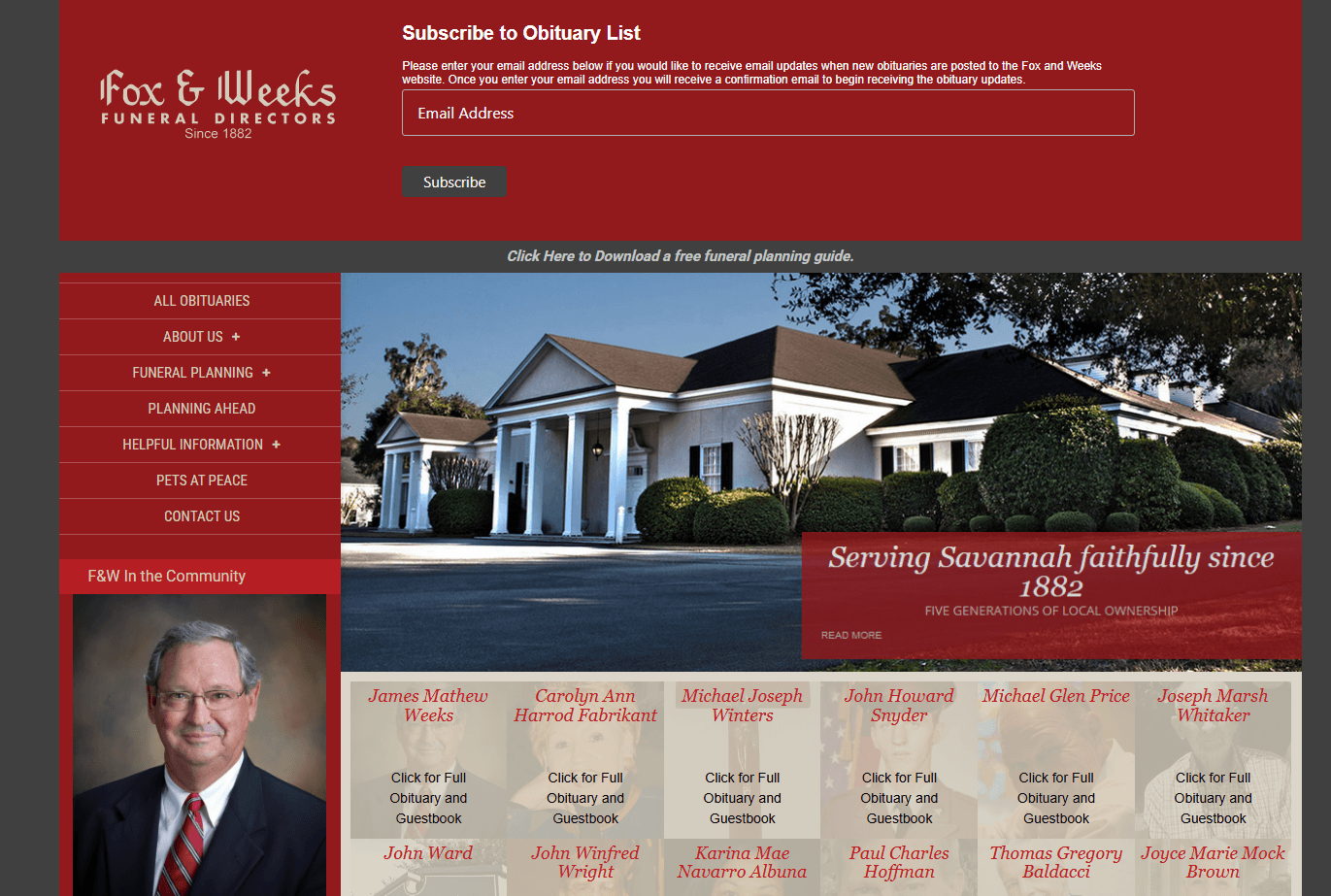Website thumbnail for Fox & Weeks showing an obituary-focused memorial homepage